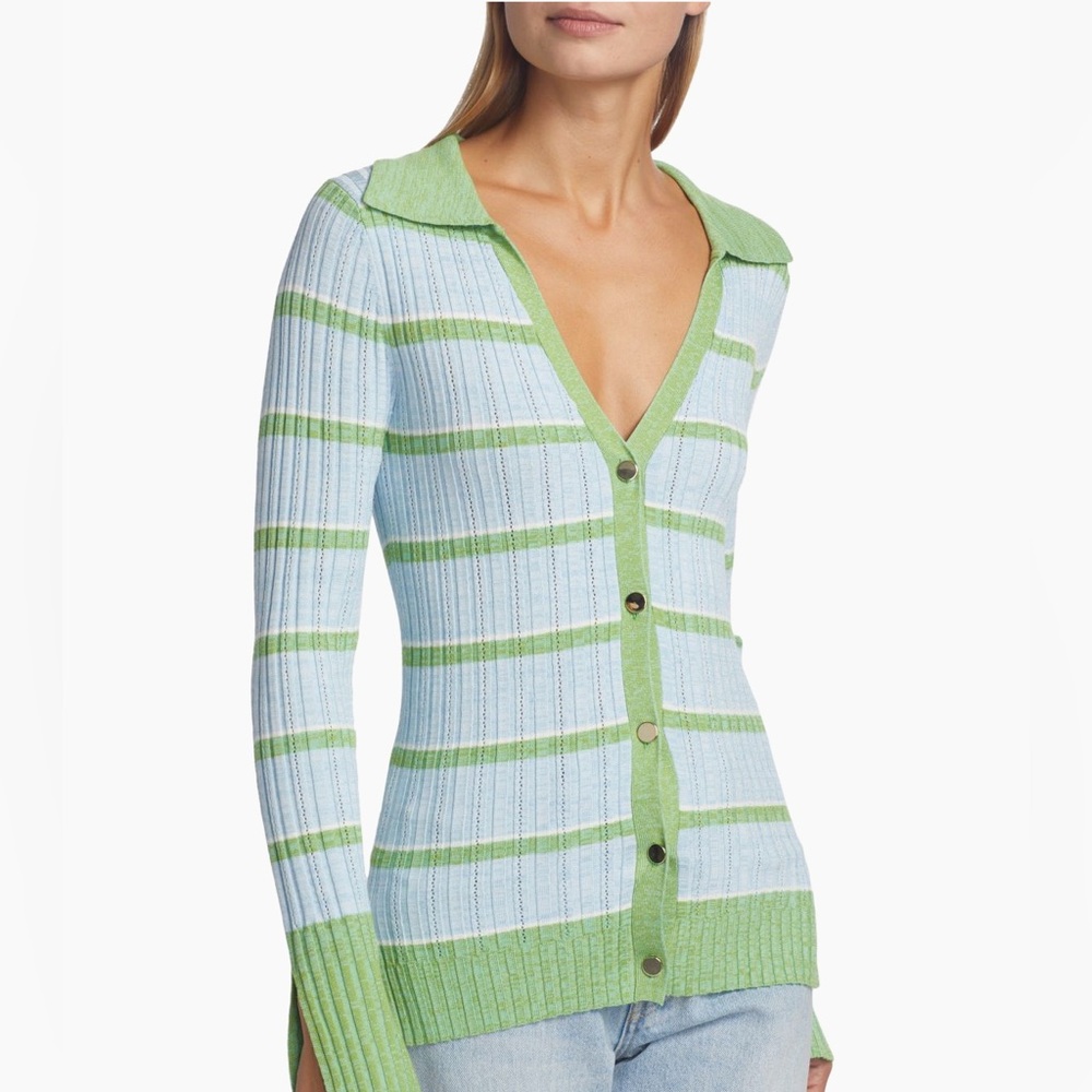 Ramy Brook Light Blue and Green Striped Cardigan